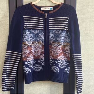 Anthropologie Sparrow Arras Navy Blue Wool Zip Front Cardigan Sweater, Size M